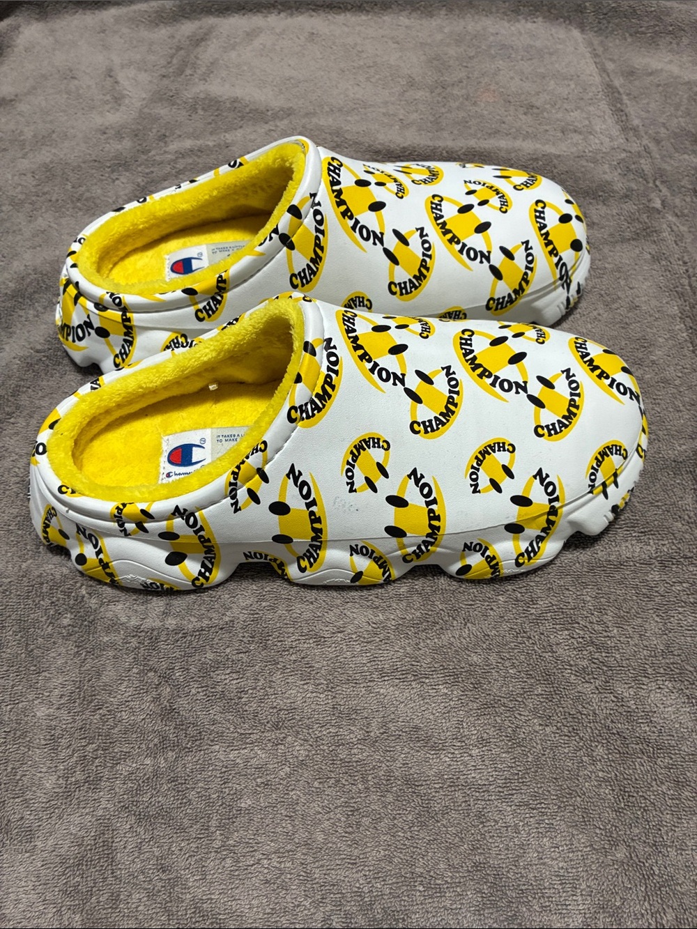 Champion Kids White & Yellow Logo Slip-On Clog Shoes